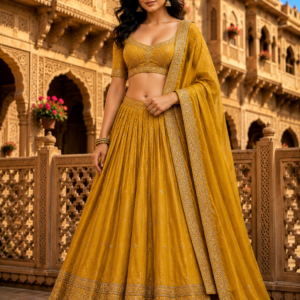 Mustard Yellow Chinon Silk Embroidered Lehenga Choli for Women – Party & Wedding Wear