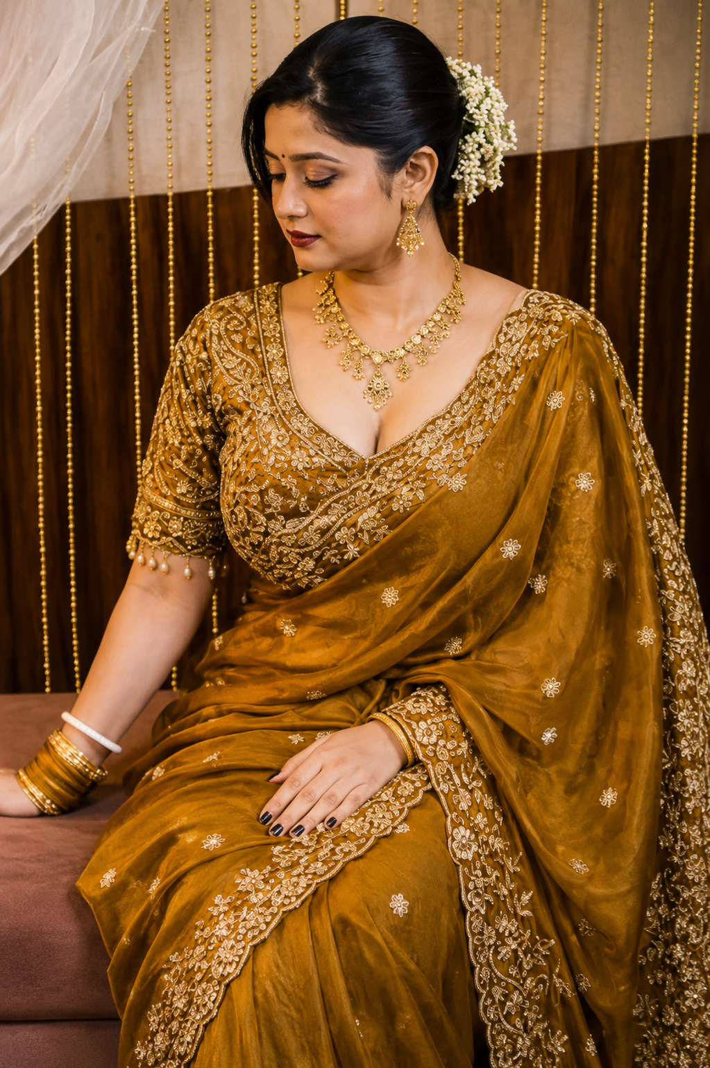 Luxury Golden Embroidered Saree for Women