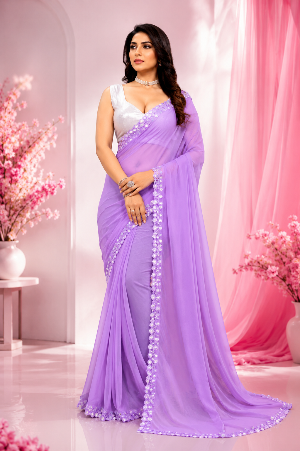 Women's Fancy Lavender Saree – Soft Georgette Cut Work Collection - Image 2