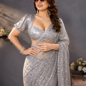 Luxury Silver Party Wear Saree – Soft Net Fabric