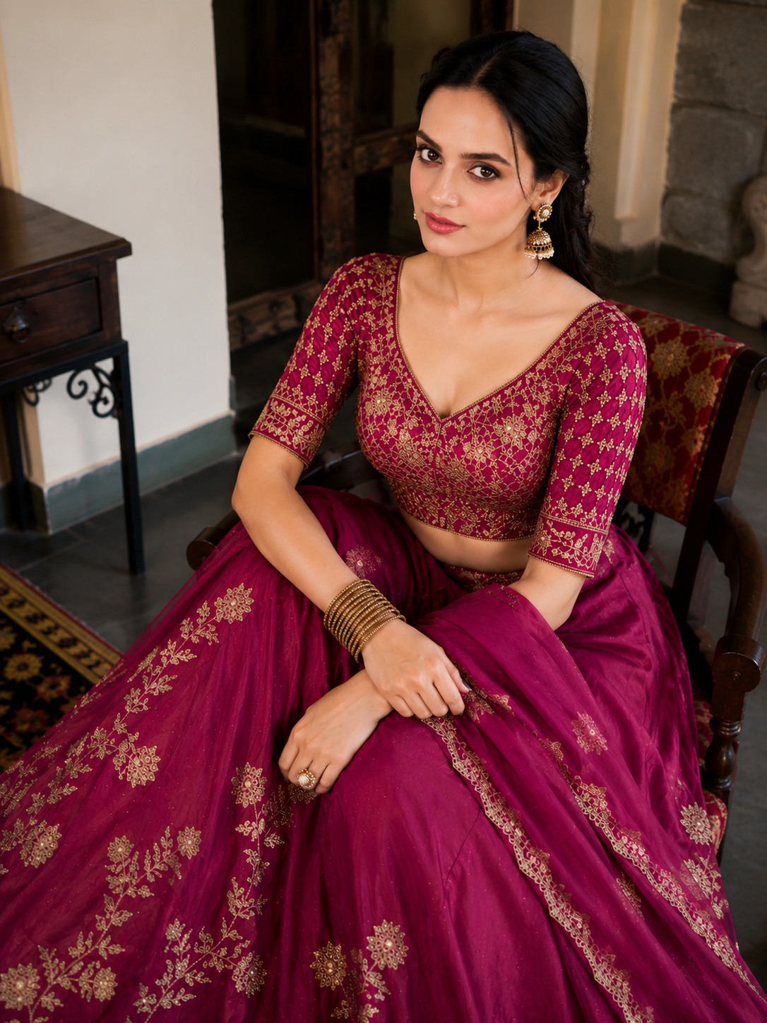 Premium Royal Wine Embroidered Lehenga Choli Set with Dupatta | Bridal, Wedding & Festive Wear - Image 2