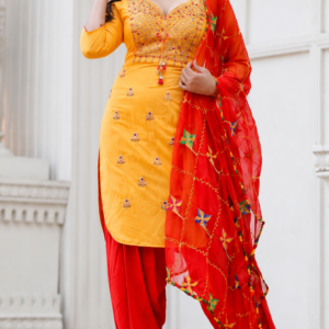 Stylish Yellow Embroidered Kurta & Red Patiala Suit Set for Women