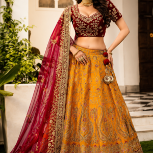 Maroon Velvet Embroidered Lehenga Choli for Women