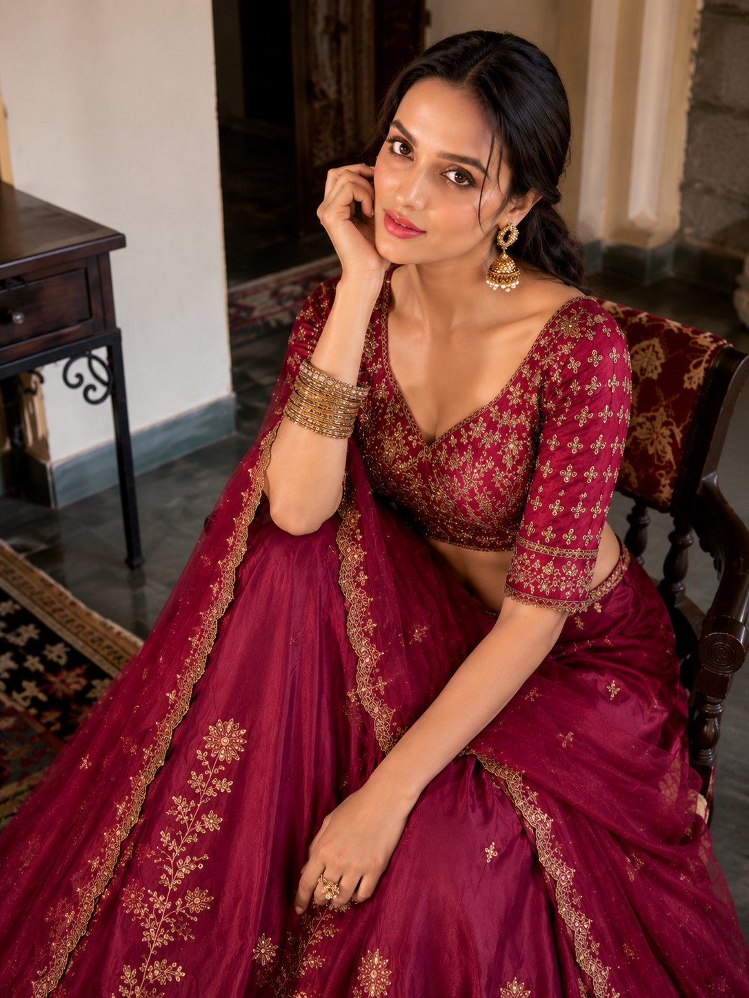 Premium Royal Wine Embroidered Lehenga Choli Set with Dupatta | Bridal, Wedding & Festive Wear - Image 4