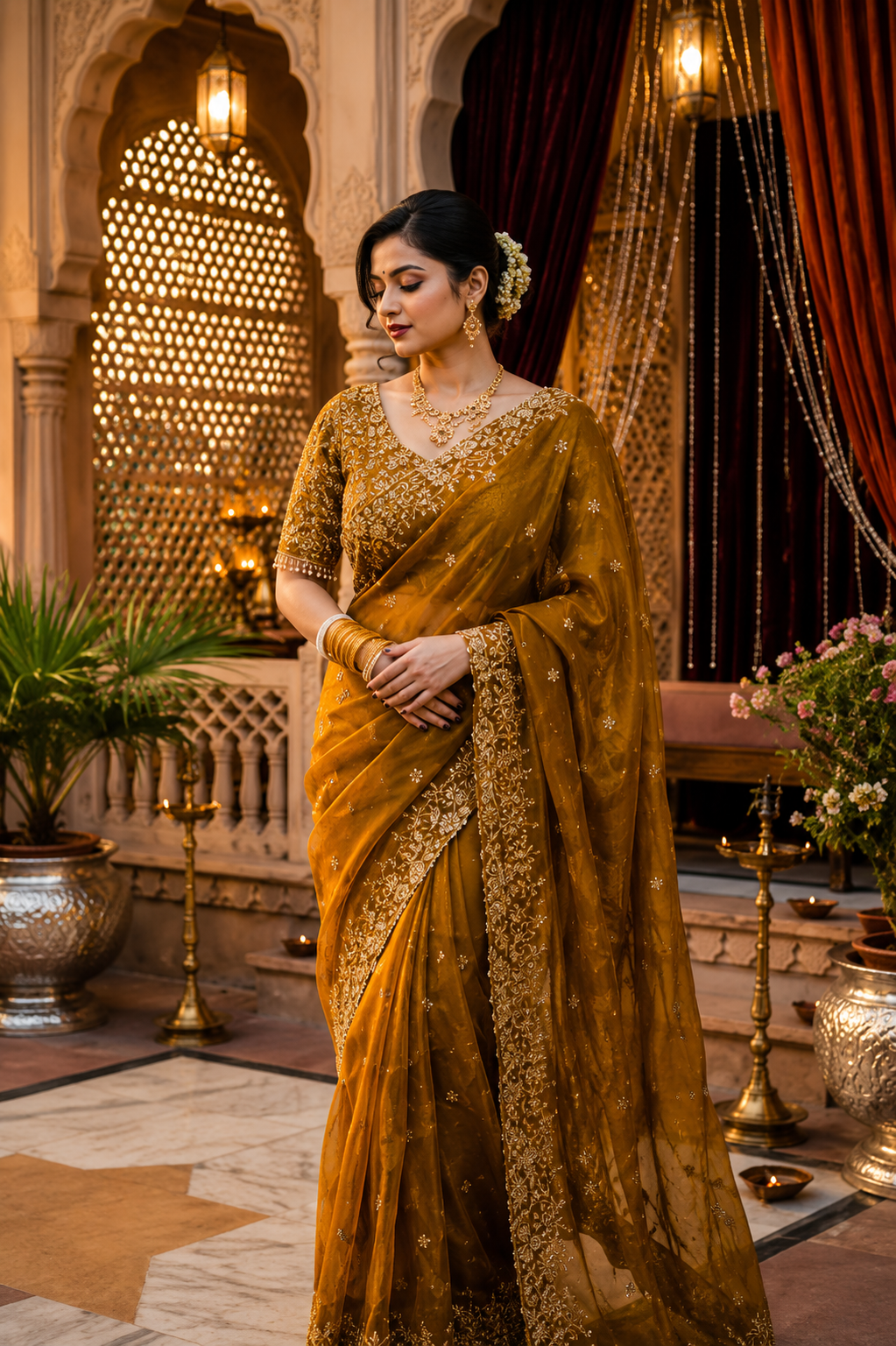 Luxury Golden Embroidered Saree for Women - Image 3