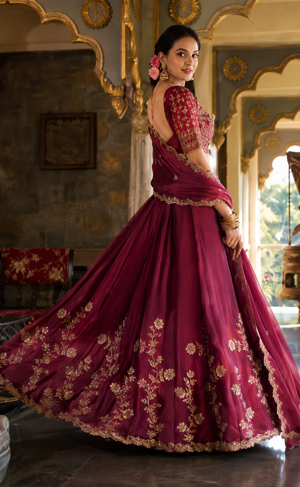 Premium Royal Wine Embroidered Lehenga Choli Set with Dupatta | Bridal, Wedding & Festive Wear - Image 3