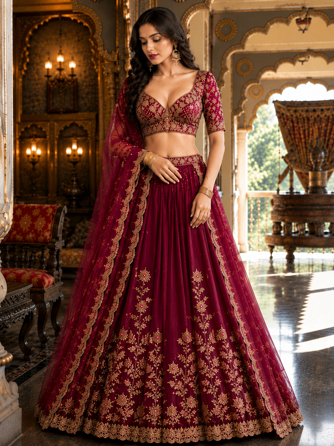 Premium Royal Wine Embroidered Lehenga Choli Set with Dupatta | Bridal, Wedding & Festive Wear