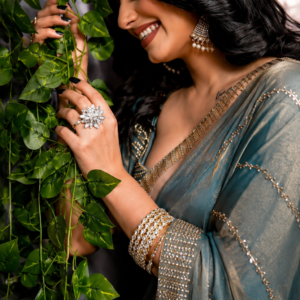 Premium Teal Blue Embroidered Chiffon Saree