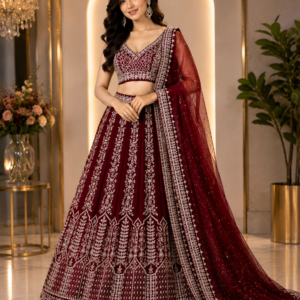 Women's Maroon Embroidered Lehenga Choli with Dupatta – Party & Wedding Collection