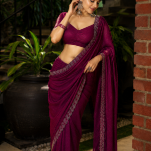 Luxury Wine Purple Vichitra Silk Saree with Matching Blouse Piece