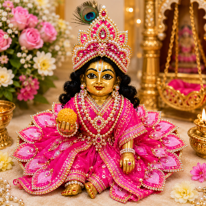 Luxury Laddu Gopal Poshak | Rani Pink Dress, Mukut & Pajama Set