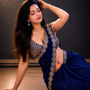 Women's Navy Blue Georgette Saree with Mirror Work Designer Blouse