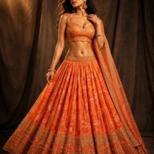 Premium Orange Embroidered Lehenga Choli with Dupatta for Women