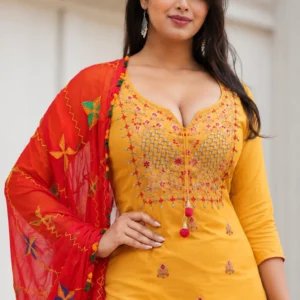 Stylish Yellow Embroidered Kurta & Red Patiala Suit Set for Women