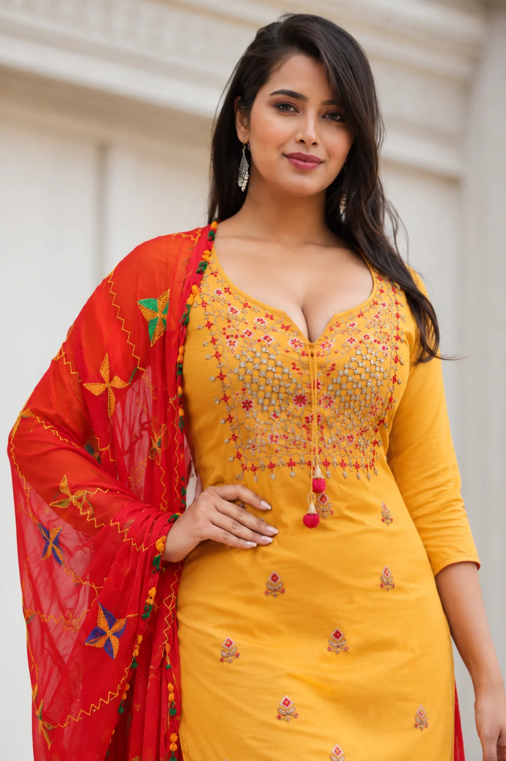 Stylish Yellow Embroidered Kurta & Red Patiala Suit Set for Women 1 Stylish Yellow Embroidered Kurta & Red Patiala Suit Set for Women