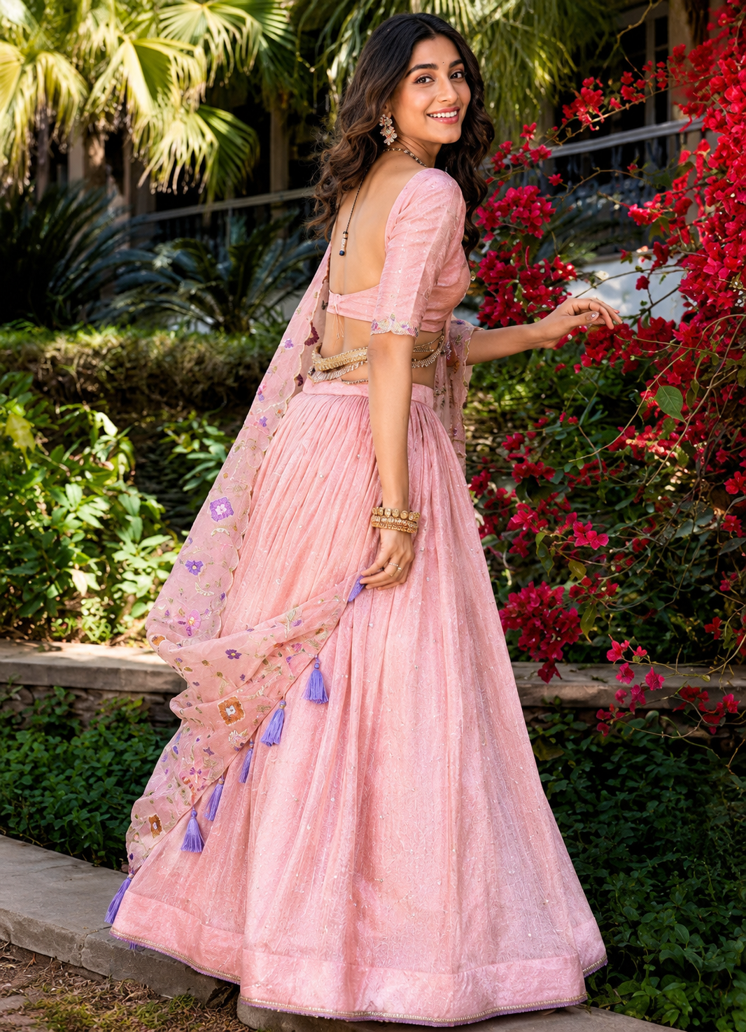 Bridal Style Pink Floral Embroidered Lehenga Choli - Image 3