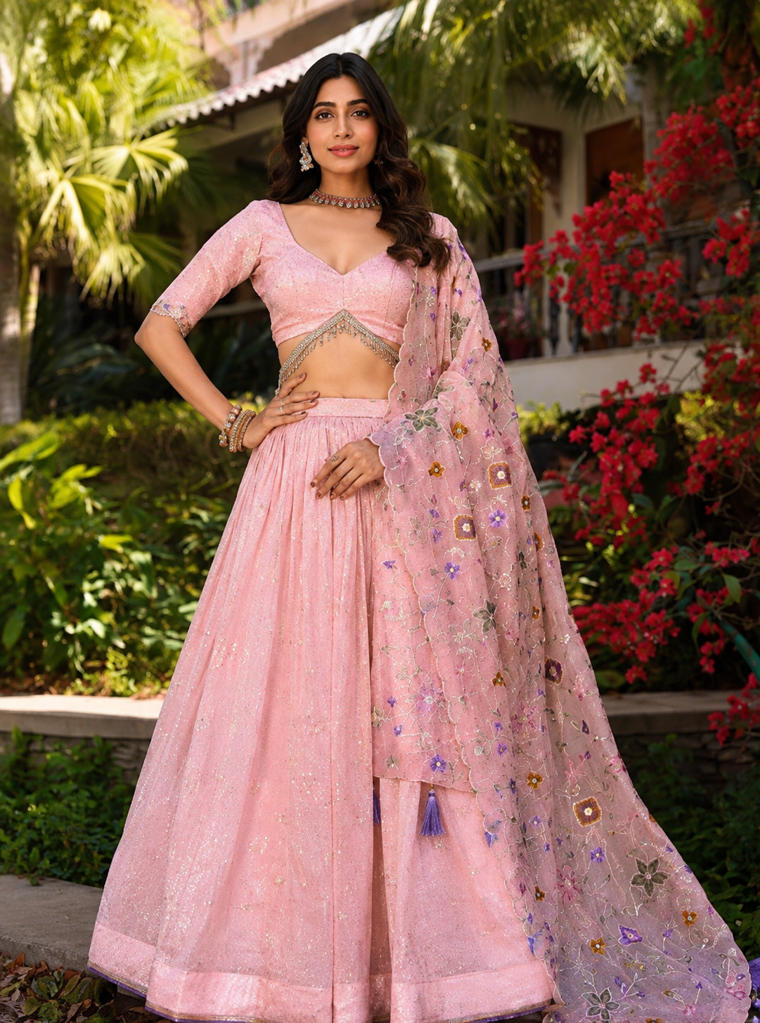 Bridal Style Pink Floral Embroidered Lehenga Choli