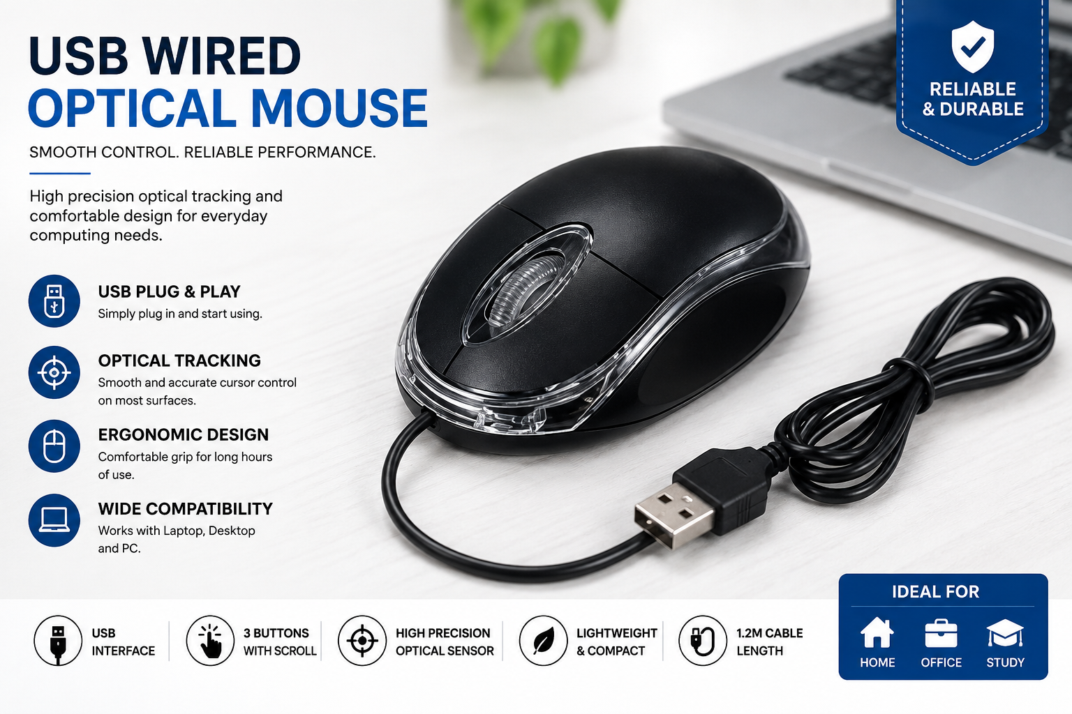 USB Wired Optical Mouse – Ergonomic 3-Button Computer Mouse for Laptop & Desktop