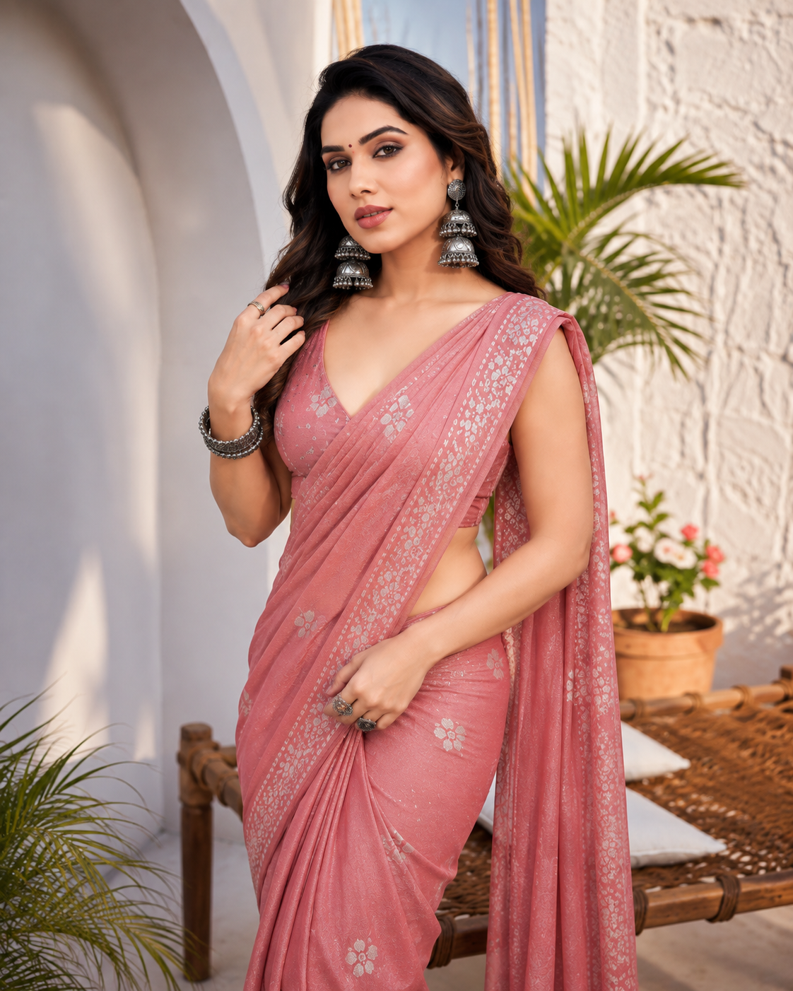 Stylish Dusty Pink Chiffon Saree with Matching Blouse Piece - Image 2