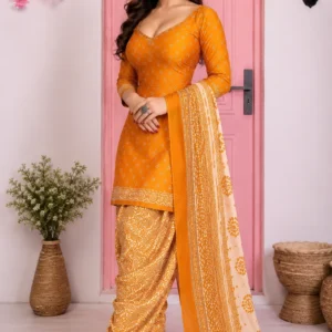 Premium Orange Crepe Printed Punjabi Patiala Suit Dress Material with Dupatta for Women