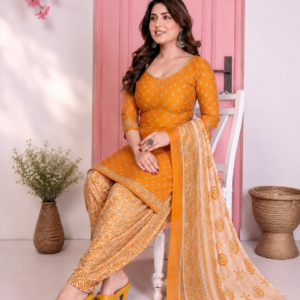 Premium Orange Crepe Printed Punjabi Patiala Suit Dress Material with Dupatta for Women