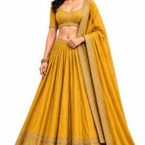 Mustard Yellow Chinon Silk Embroidered Lehenga Choli