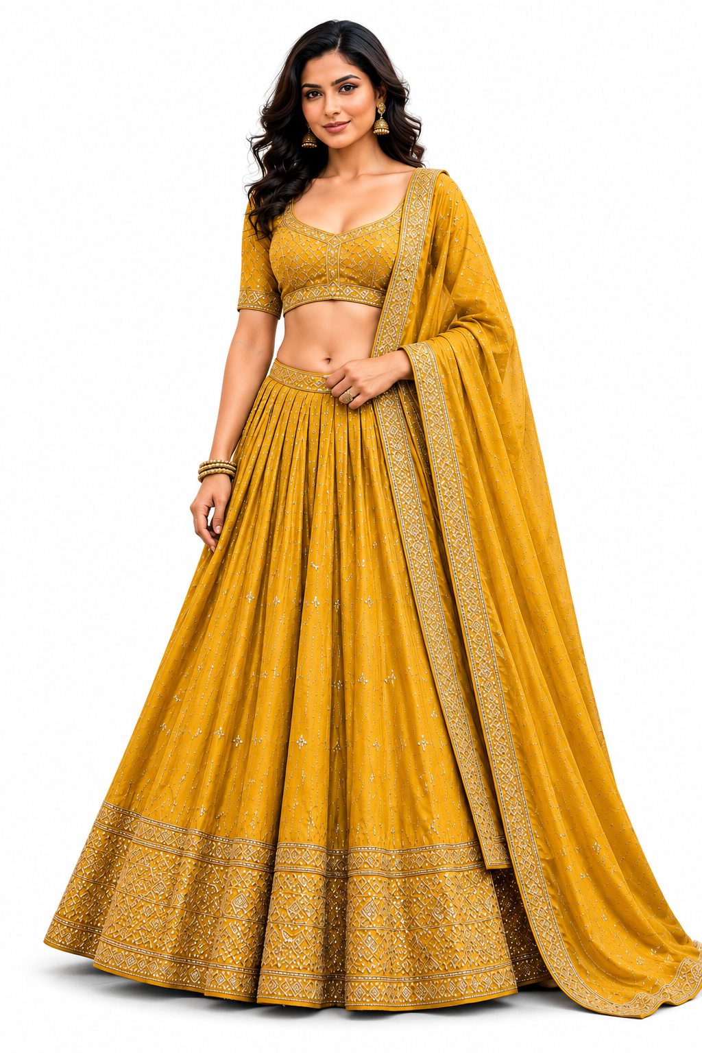 Mustard Yellow Chinon Silk Embroidered Lehenga Choli for Women – Party & Wedding Wear 1 Mustard Yellow Chinon Silk Embroidered Lehenga Choli
