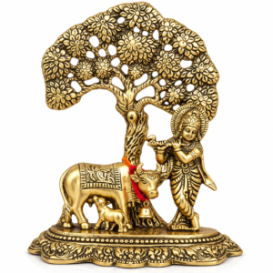 Metal kanha murti with cow under tree