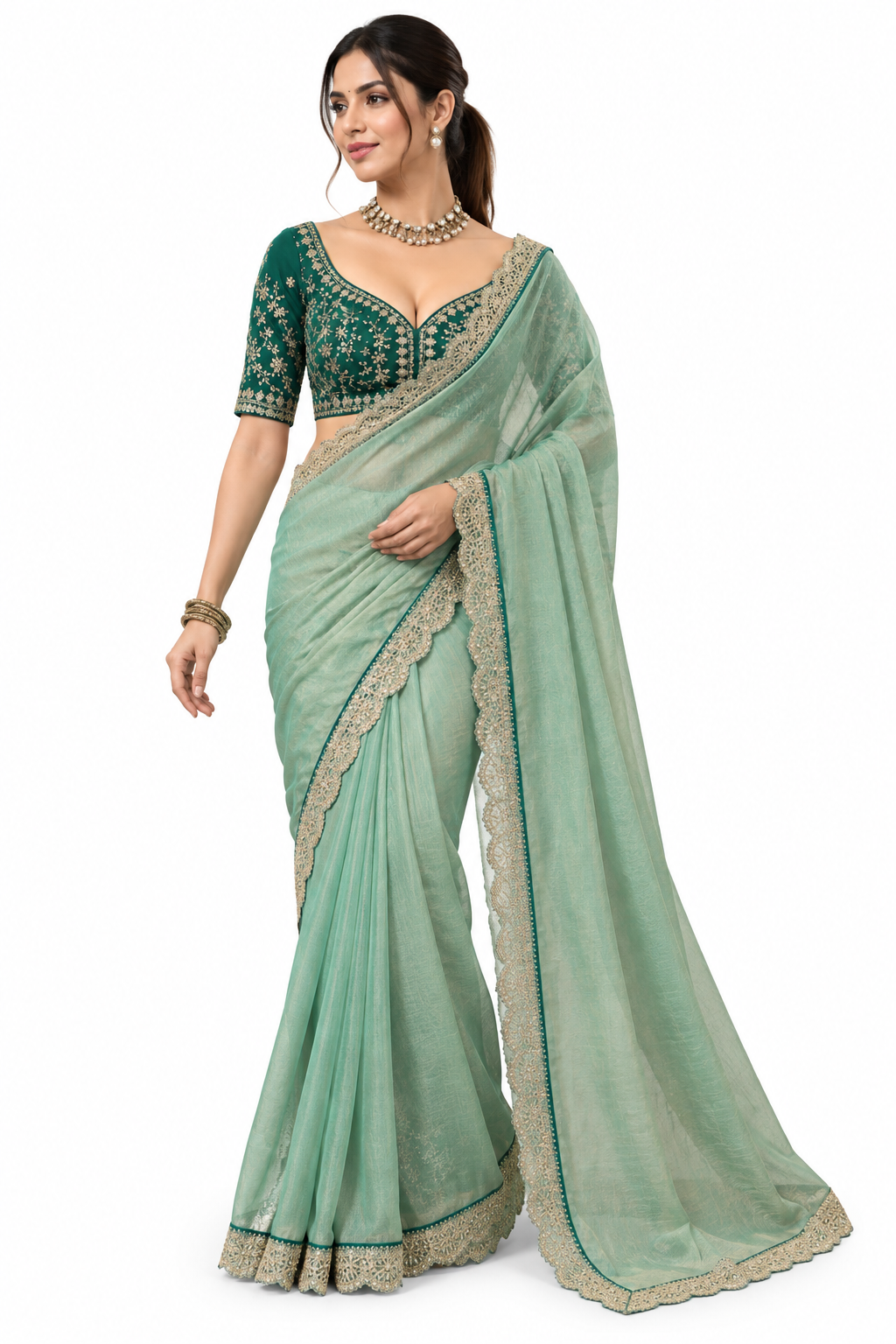 Women Mint Green Embroidered Lace Border Saree with Designer Blouse | Party Wear Saree 1 Women Mint Green Embroidered Lace Border Saree